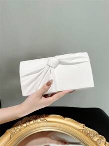 女士优雅蝴蝶结翻盖手拿包晚宴包、正式派对手提包、真皮婚礼钱包、浪漫白色新娘包、信封链单肩包、交谊舞斜挎包 - 白色 - 查看 4