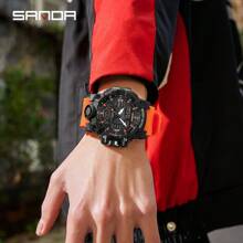SANDA 男士手表数字石英双时区军用运动腕表顶级品牌奢华多功能闹钟日期星期秒表功能 TPU 表带防水电子男钟礼物