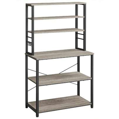 VASAGLE Kitchen Storage Rack, Coffee Bar, Baker's Rack, Total 6 Shelves And 6 Hooks, For Microwave, Steel Frame, Industrial, 40 X 80 X 167 Cm