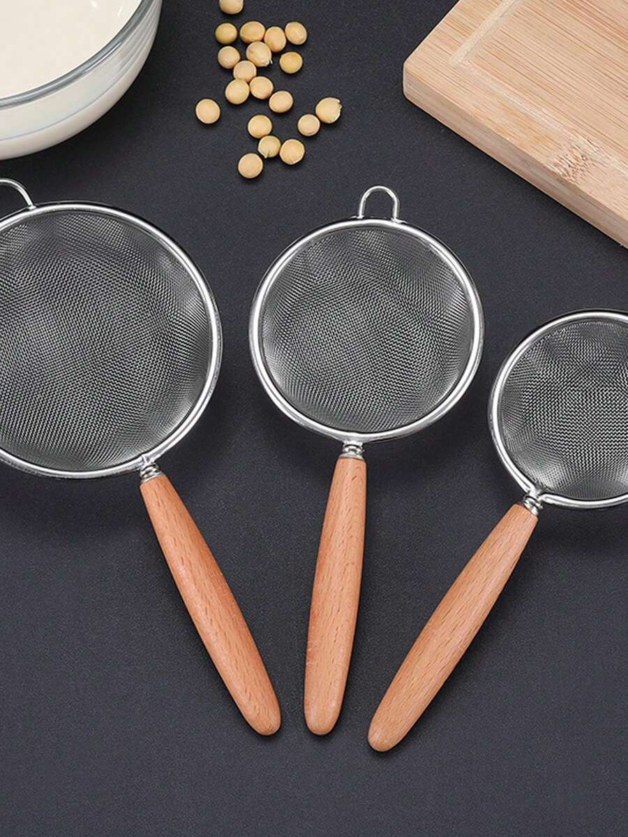 1pc Stainless Steel Slotted Spoon With Wooden Handle, Household Kitchen Strainer Mesh Skimmer Net Ladle For Hot Pot, Frying, Tea Filtration - Multicolor - View 1