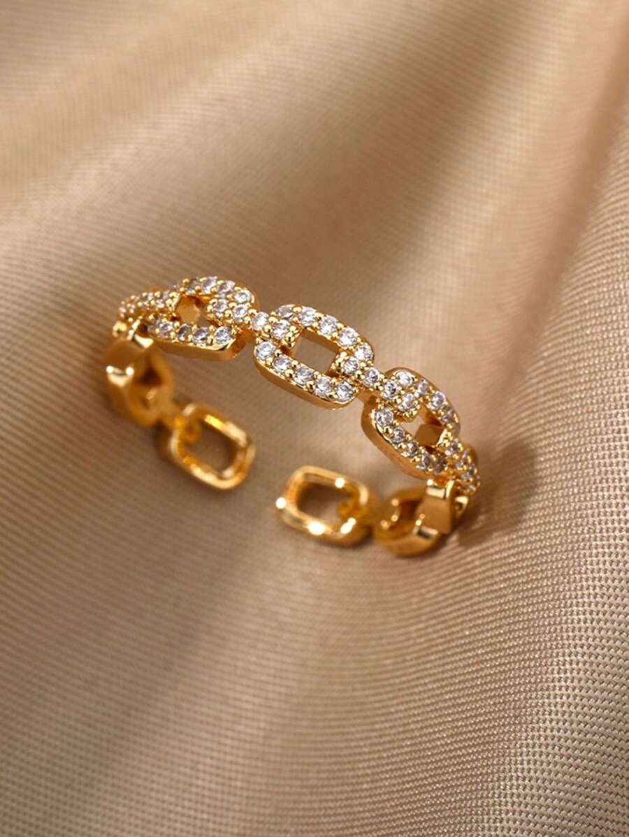 Klassiska Twist Chain Open Rings För Kvinnor Zirkonium Geometrisk Twist Wrapped Parring Bröllop Estetiska Smycken - Gult guld - Visa 1