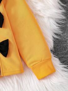 2pcs Young Girl Casual Fashion Spring Autumn Set, Featuring Solid Color Patchwork Design With Bow Accent, Ribbed Cuffs Crew Neck Knitted Top And Heart Pattern Elastic Waist Straight Leg Pants, Soft And Comfortable Chic Casual Outfit For Girls, Elementary School Daily Use Apparel For Fall - Yellow - View 5