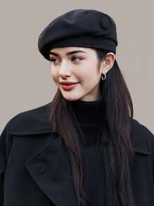 1pc Women Autumn Beret Hat, Simple Solid Color, Button Decoration, Versatile, Leisure Beanie, Retro Artist Cap, Elegant, Warm Halloween - Multicolor - View 8