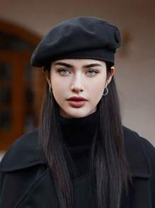 1pc Women Autumn Beret Hat, Simple Solid Color, Button Decoration, Versatile, Leisure Beanie, Retro Artist Cap, Elegant, Warm Halloween - Multicolor - View 5