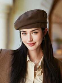 1pc Women Autumn Beret Hat, Simple Solid Color, Button Decoration, Versatile, Leisure Beanie, Retro Artist Cap, Elegant, Warm Halloween - Multicolor - View 2