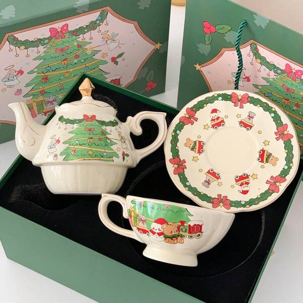 1 Set/1 Piece, Christmas Teapot Set Dessert Plate Gift Box, Girly Heart Gift, Ceramic Mother-Daughter Teapot Coffee Cup And Saucer, Highly Attractive Afternoon Tea Gift Box, Christmas Atmosphere Tableware, Gift For Girlfriend Or Mom For The Holiday Season, 620ml/8inch/10inch.