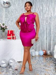 Plus Size Women Solid Color Minimalist Bow-Tie Camisole Sexy Dress Elegant Cocktail Semi Formal Wedding Guest Dress, For Birthday, Graduation, Dinner, Homecoming