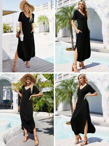 Women's Casual Loose Sundress Short Sleeve V Neck Long Dress Split Maxi Summer Beach Dress With Pockets - màu đen - Xem 4