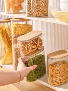 1 pezzo/2 pezzi Vaso sigillato trasparente con coperchio in bambù, contenitore per alimenti di grande capacità, dispenser per cereali, per conservare cereali, riso, pasta e snack in cucina