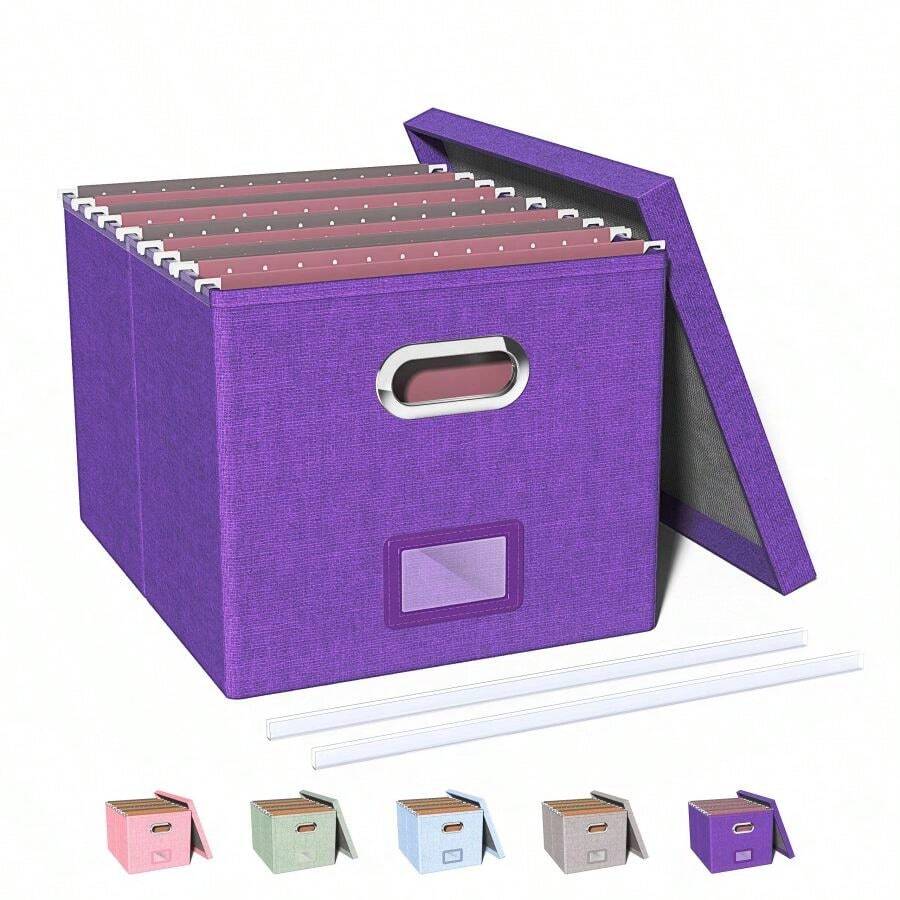 Caja organizadora de archivos, caja de archivo con tapa, caja de archivo para carpeta de archivo tamaño carta/legal, caja colgante portátil para archivos para oficina/decoración/hogar, 1 paquete, negro-solo la caja - Morado - Ver 1