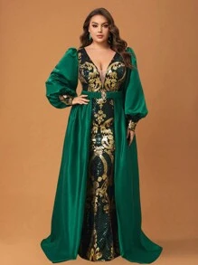 YISIKADO 大码波西米亚风花卉亮片性感深 V 领腰带可拆卸下摆晚礼服派对晚宴舞会礼服女式长裙 - 彩色 - 查看 2