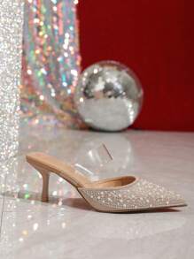 Rhinestone & Pearl Hollow Out Stilettos, Low Heels Wedding Bridesmaid Shoes For Women, New Summer Slip-On Pointed Toe Mules High Heels, Transparent Ankle Strap Sandals