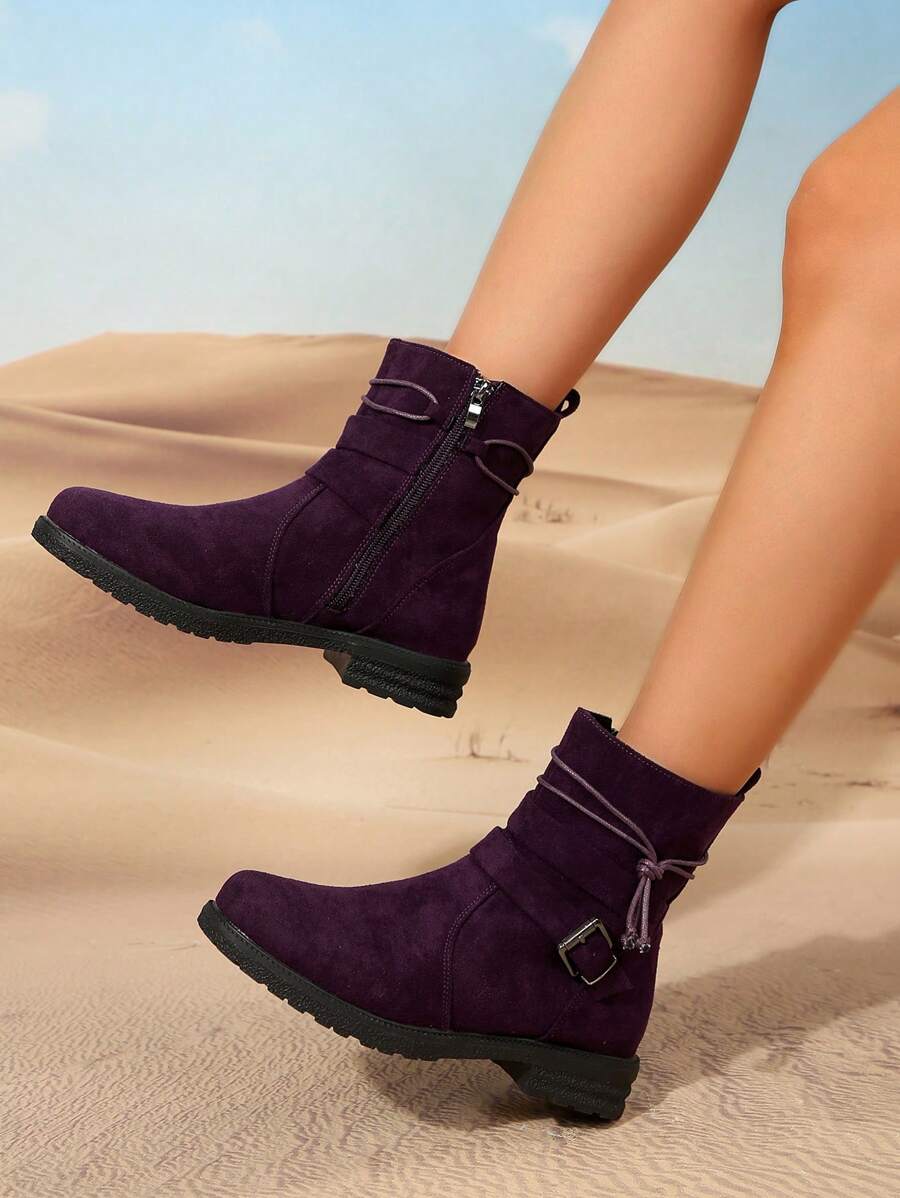 Damen Mode Lässig 3CM Flach Vintage Runde Zehenkappe Wildleder Stiefel, Seitlicher Reißverschluss Western Stil Stiefel für Reisen, Urlaub, Spazierengehen