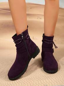 Damen Mode Lässig 3CM Flach Vintage Runde Zehenkappe Wildleder Stiefel, Seitlicher Reißverschluss Western Stil Stiefel für Reisen, Urlaub, Spazierengehen