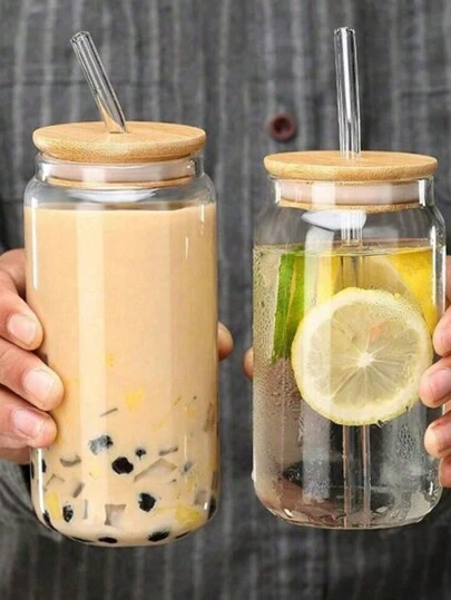 1pc 400ml/550ml Simple Transparent Cylindrical Large-Capacity Straw Glass With Lid, Hotel Restaurant Lemonade Milk Tea Cola Drink Cup, Office Home Daily Life Multi-Purpose Drinking Cup
