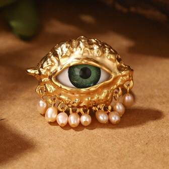 1pc Vintage Copper Gold-Plated Evil Eye & Natural Pink Pearl Adjustable Ring, Gift For Women