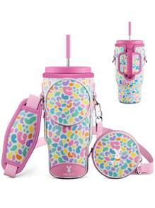 1pc Neoprene Insulated Water Bottle Sleeve, With Shoulder Strap, Portable Drink Holder, Fashion Accessory, Pink Pattern Design, Water Bottle Protective Cover