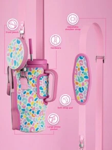 1pc Neoprene Insulated Water Bottle Sleeve, With Shoulder Strap, Portable Drink Holder, Fashion Accessory, Pink Pattern Design, Water Bottle Protective Cover