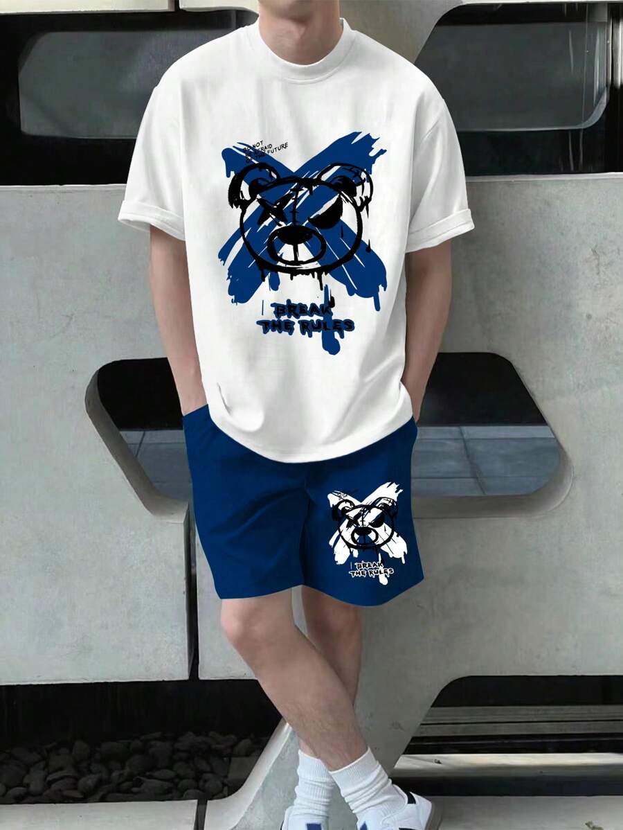 2pcs/Set Men's Short Sleeve Cartoon Graphic Tee And Casual Shorts Summer Outfit - White - View 1