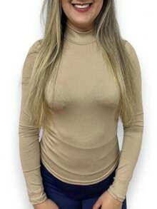 Blusa Cacharrel Feminina Com Gola Alta Manga Longa Suplex Segunda Pele Modinha - Bege - Visão 2
