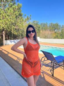 Women's Beachwear Knitted Dress With Straps And Detailed Crochet, Elegant Pool Fashion - 橘色 - 查看 2