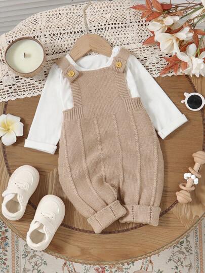 1pc Khaki Infant Knitted Jumpsuit With Built-In Straps, Unisex Baby Romper