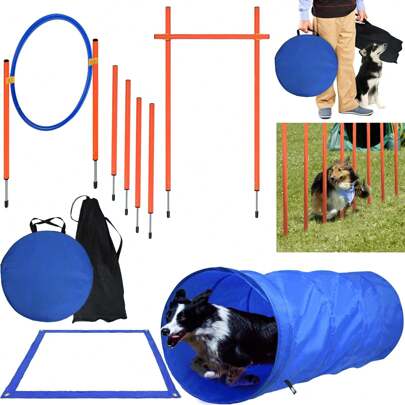 VA-Cerulean Training Obstacles Agility Equipment Set For Dogs With Dog Tunnel Poles Jumping Ring Hurdle Pole Height Adjustable Including Carrying Bag