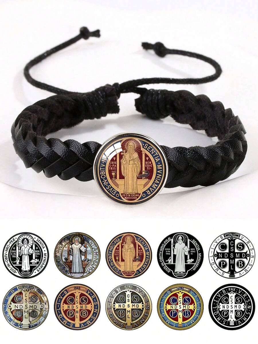 1pc Saint Benedict Medal Leather Bracelet, Adjustable Woven Rope Bracelet For Men - Bracelet - View 1