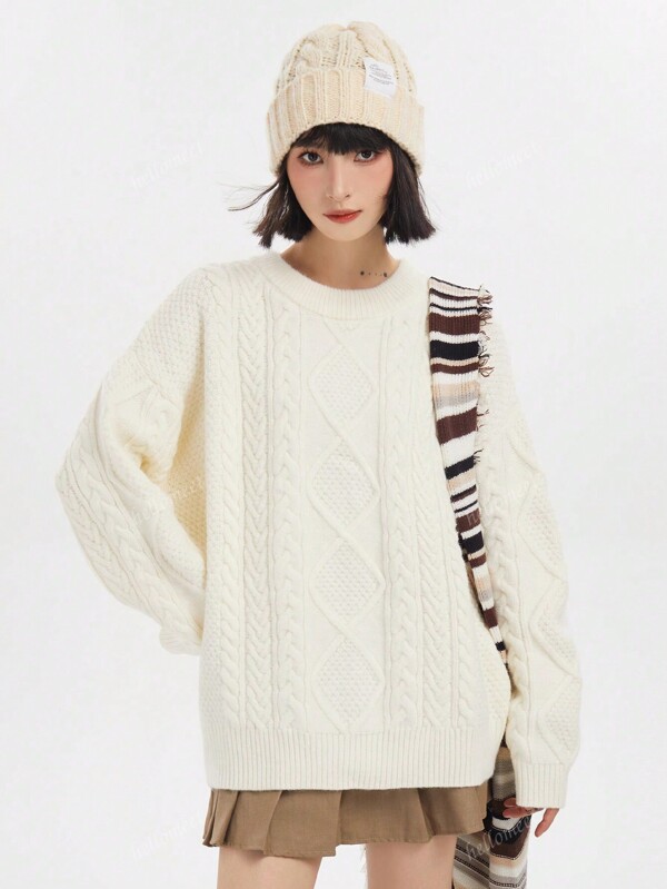 Jersey holgado de cuello redondo con tejido de trenzas blanco para mujer, diseño minimalista, de corte suelto y acogedor, ideal para otoño/invierno