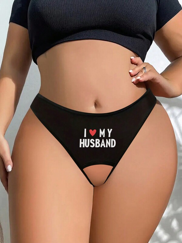 PLus Size Women's Underwear Black Printed PatternThong Sexy With Letter Crotchless Panties