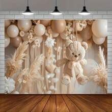 1 Stück Boho Teddybär Hintergrund - vielseitiges neutrales Gelegenheitsplakat mit Pampasgras-Design, geeignet für Partys, Hochzeiten, Dekoration, Fotohintergrund - ohne Strom, Frühlings- und Sommermotiv, Weihnachten - Verschiedenfarbig - Übersicht 1