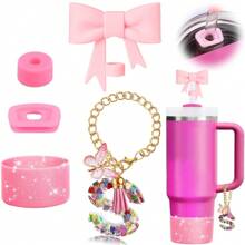 Set de 5 accesorios para tazas de 30oz y 40oz, decoraciones con iniciales para tumblers, que incluye tapa y funda de silicona para pajita, tapa a prueba de derrames, y dije para asa