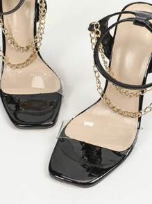 Jin Bei Qi Spring/Summer Women's Transparent Glass Jelly Strap Buckle Metal Chain Square-Toe Stiletto High Heel Sandals, Elegant, Luxurious, Party, Sexy, Black High Heels,Stilletos Heels - Black - View 7