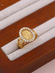 1pc DIY New Virgin Mary Classic Ring, Copper Micro-Inlay CZ Plated 18K Gold Women Girls Faith Virgin Mary Ring