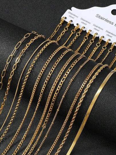 Conjunto De Joyería De Acero Inoxidable De Moda Con 12 Piezas De Collar Y Brazaletes Dorados Y Plateados, Adecuados Para Usar A Diario Con Muchos Accesorios
