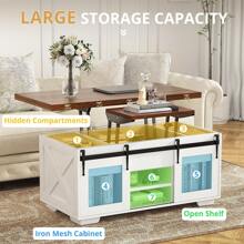 VOWNER Barn Doors Lift Top Coffee Table Convertible To Dining Table, 3 In 1 Multi-Function Coffee Table With Large Storage Space - 棕色 - 查看 6