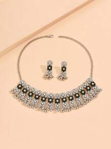 1 Set de Collar de declaración de flor 3D de estilo vintage inspirado en Oriente Medio con strass y pendientes a juego con colgantes de strass para mujeres