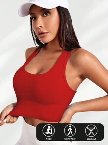 Yefecy Basic Solid Color Ribbed Knit Yoga Sports Bra, Shockproof Gather Wireless Women Sports Bra, Women Sportswear, Spring/Summer - Red - View 3