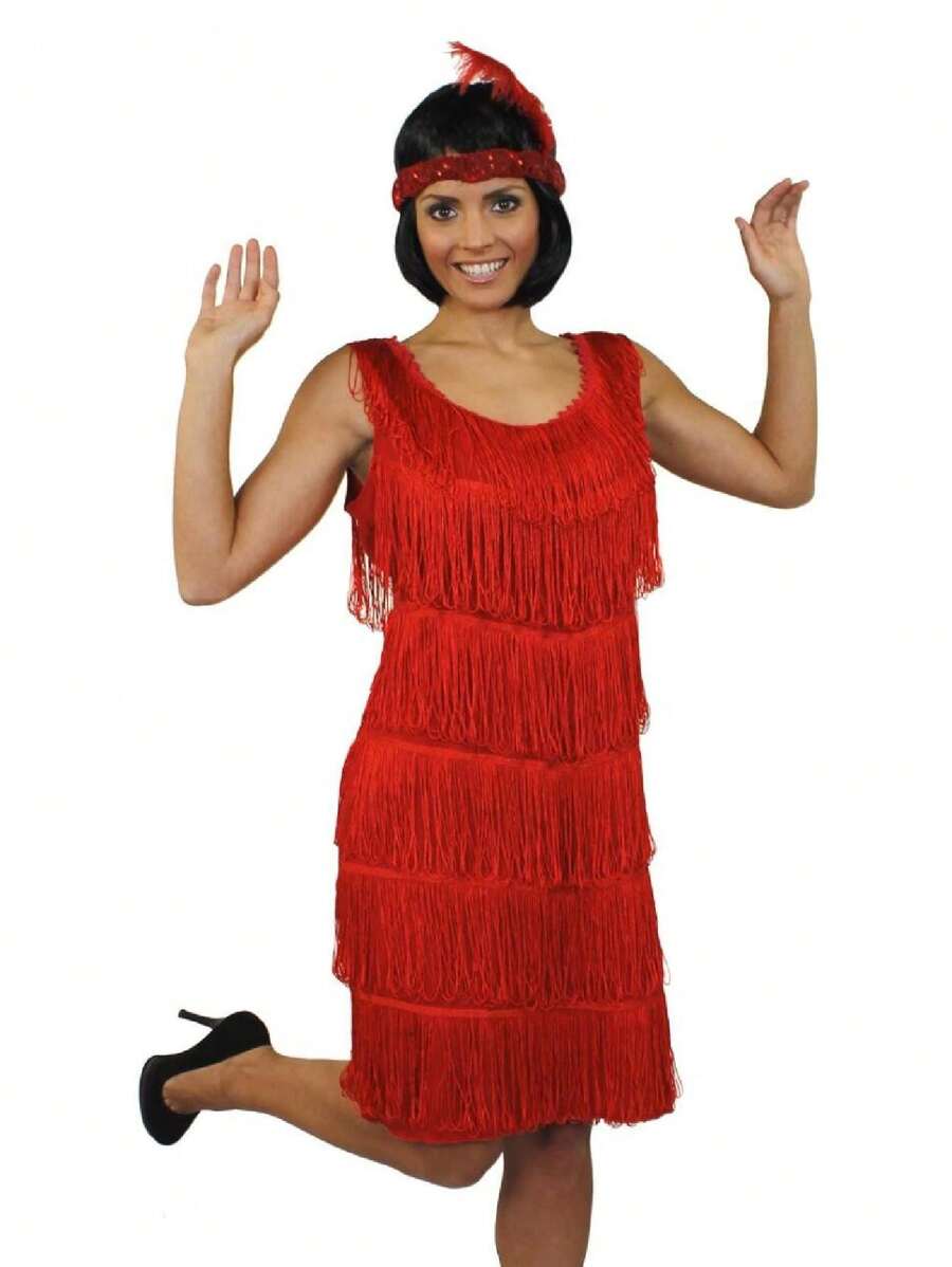 I LOVE FANCY DRESS Ladies Red Flapper Dress Bead Necklace Feather Headband 1920's Deluxe Costume Flapper Gatsby Party Fancy DressBlock PrintFabric