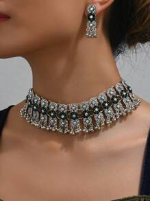 1 Set de Collar de declaración de flor 3D de estilo vintage inspirado en Oriente Medio con strass y pendientes a juego con colgantes de strass para mujeres