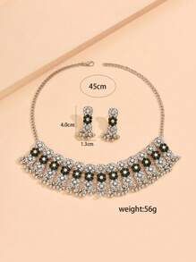 1 Set de Collar de declaración de flor 3D de estilo vintage inspirado en Oriente Medio con strass y pendientes a juego con colgantes de strass para mujeres
