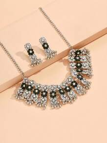 1 Set de Collar de declaración de flor 3D de estilo vintage inspirado en Oriente Medio con strass y pendientes a juego con colgantes de strass para mujeres