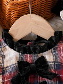 Baby Girl Fashion Plaid Woven Fabric Spliced Velvet Ruffle Collar Bow Decoration Concealed Zipper Back Long Sleeve Dress With Hat