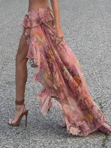 度假花卉印花荷叶边女式半身裙时尚性感半透视长裙复古优雅海滩派对下装春季