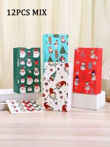 12/24pcs/Set 24*13*8CM Elegant Christmas Kraft Paper Snowman & Snowflake Pattern Candy Gift Bags With 1pc Sticker Christmas Decorations Christmas Decor Christmas Gifts Christmas Party Supplies Christmas Gift Bags Christmas Bags Christmas Stickers