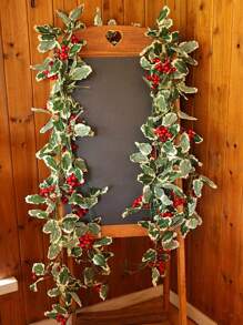 1 件人造植物藤蔓，带红色浆果和花环，用于圣诞节装饰，适合室内/室外壁炉、冬季节日家居装饰