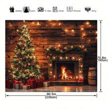 1 件乡村风格圣诞背景，配有闪闪发光的木制壁灯和壁炉，多功能涤纶节日派对横幅，适用于照相亭和肖像摄影，圣诞节 - 彩色 - 查看 2