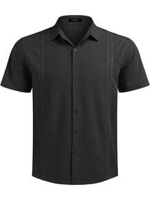 Men's Social Short Sleeve Guayabera Casual Shirt - 黑色 - 查看 4