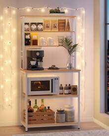VASAGLE Kitchen Storage Rack, Coffee Bar, Baker's Rack, Total 6 Shelves And 6 Hooks, For Microwave, Steel Frame, Industrial, 40 X 80 X 167 Cm