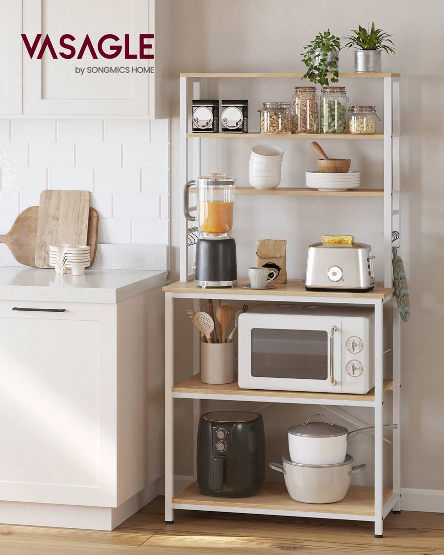 VASAGLE Kitchen Storage Rack, Coffee Bar, Baker's Rack, Total 6 Shelves And 6 Hooks, For Microwave, Steel Frame, Industrial, 40 X 80 X 167 Cm
